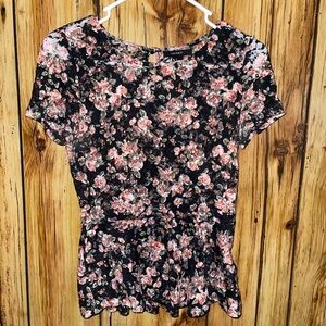 Forever 21 Black Floral Lace Peplum Top S Spring Coquette Y2K